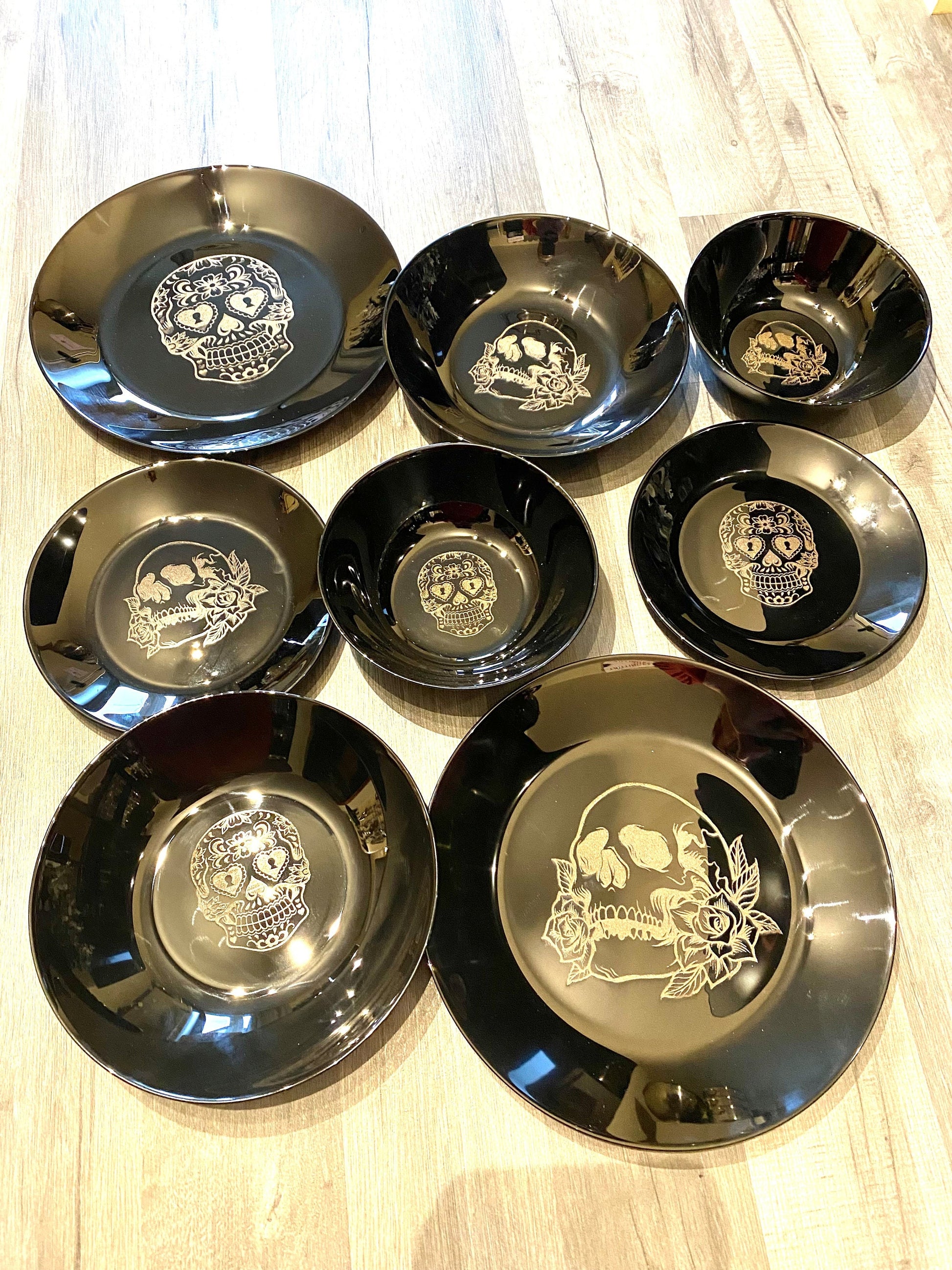 ENGRAVED BLACK, dinnerware, etched bowls, mug, pasta, rose goth, table, side plate, Christmas, dining, set, cat dog owl, skull elephant