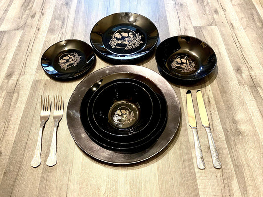 SKULL and ROSES engraved BLACK, dinnerware, etched bowls, plates, pasta, rock goth, table, side plate, christmas, dining, set, cat dog owl