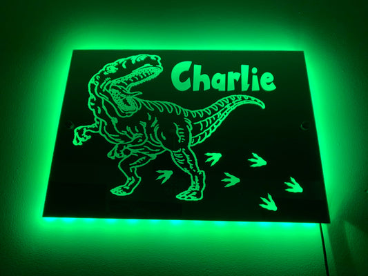 DINOSAUR LIGHT up MIRROR personalised engraved acrylic wall led sign. T-Rex, bedroom, nursery, playroom, name, boys, girls gift, green,