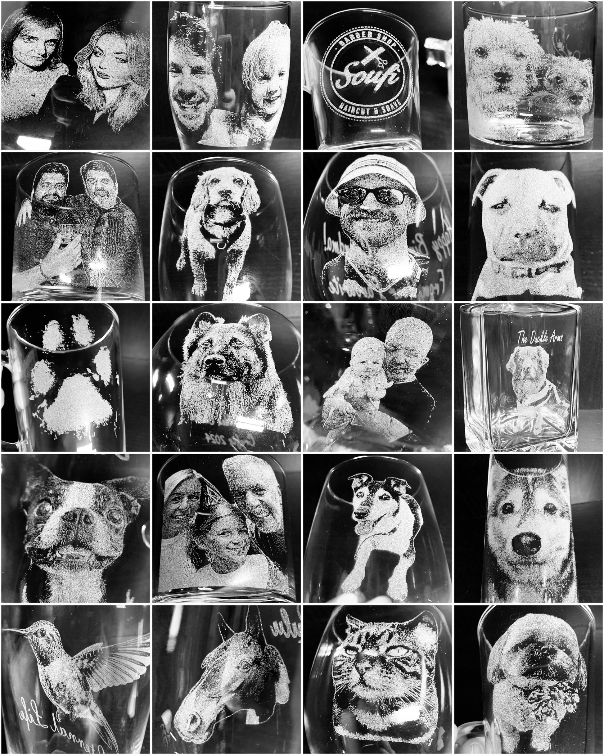 PHOTO engraved glassware, personalised etched, gift pets, dogs, cat, pictures children beer, pint, whiskey tankard, gin, daddy, Christmas