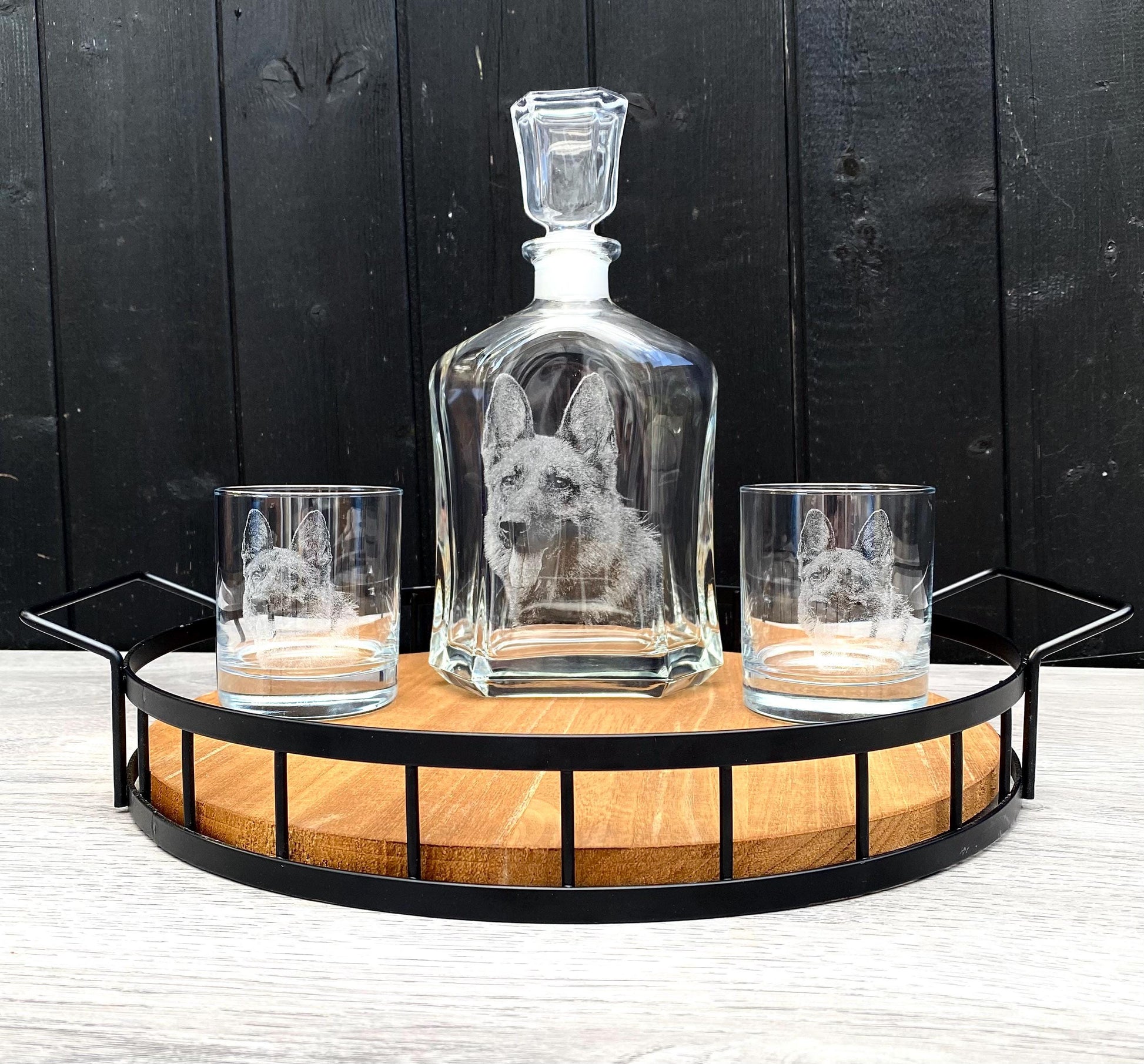 ENGRAVED DECANTER & WHISKEY, glass set, brandy, spirits, alcohol, etched memorial, pet, dog, family, picture, gin, Christmas gift him, dad