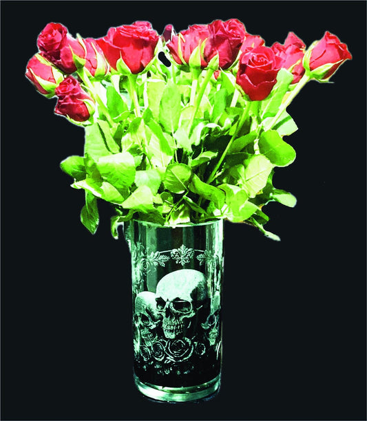 Deluxe Vase SKULL & ROSE ENGRAVED glassware personalised etched glass gift beer, pint, tankard gin, dark goth rock, tattoo, ink wine