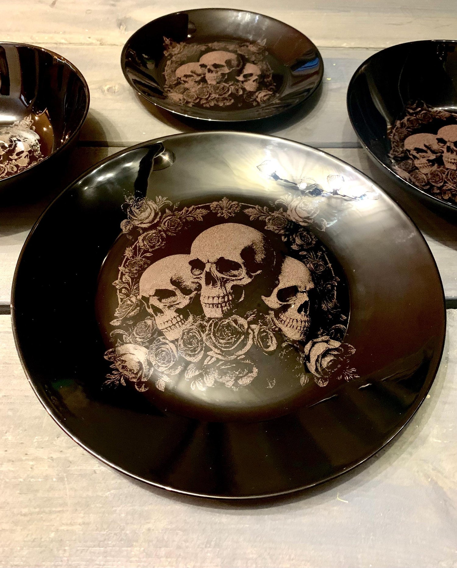 Deluxe SKULL & ROSE engraved BLACK, dinnerware, etched bowls, pasta, rock goth, table, side plate, dining, set, gothic, witch, tattoo ink
