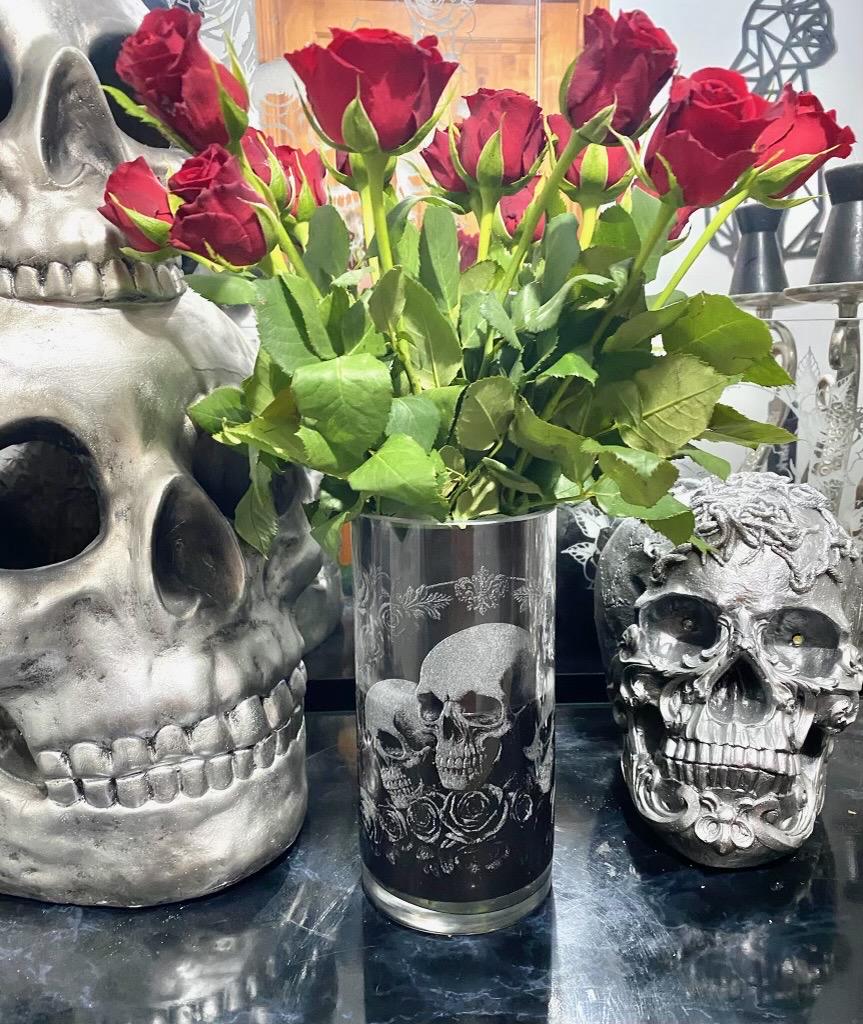 Deluxe Vase SKULL & ROSE ENGRAVED glassware personalised etched glass gift beer, pint, tankard gin, dark goth rock, tattoo, ink wine