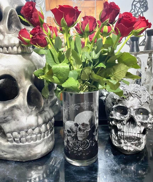 Deluxe Vase SKULL & ROSE ENGRAVED glassware personalised etched glass gift beer, pint, tankard gin, dark goth rock, tattoo, ink wine