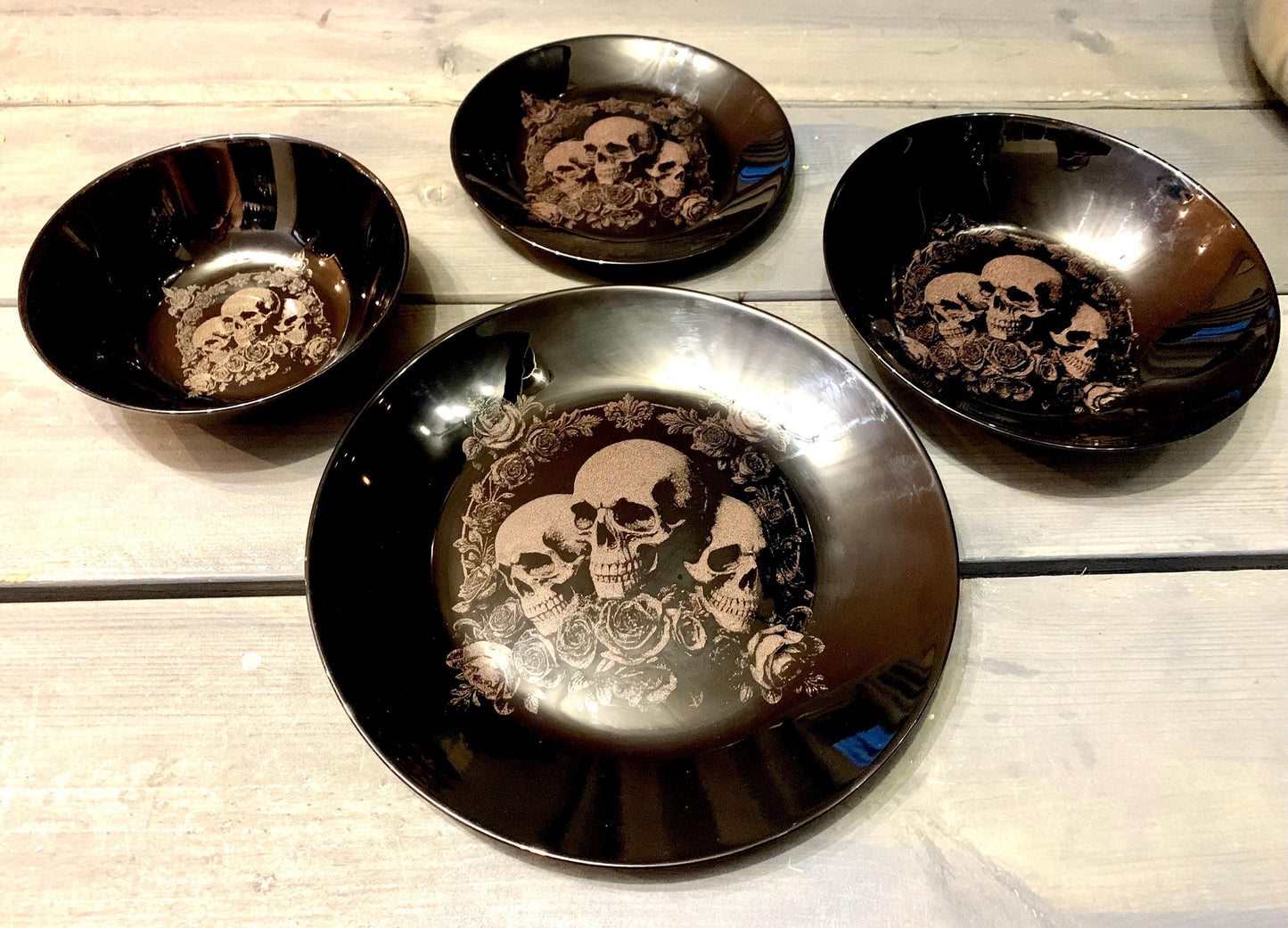 Deluxe SKULL & ROSE engraved BLACK, dinnerware, etched bowls, pasta, rock goth, table, side plate, dining, set, gothic, witch, tattoo ink
