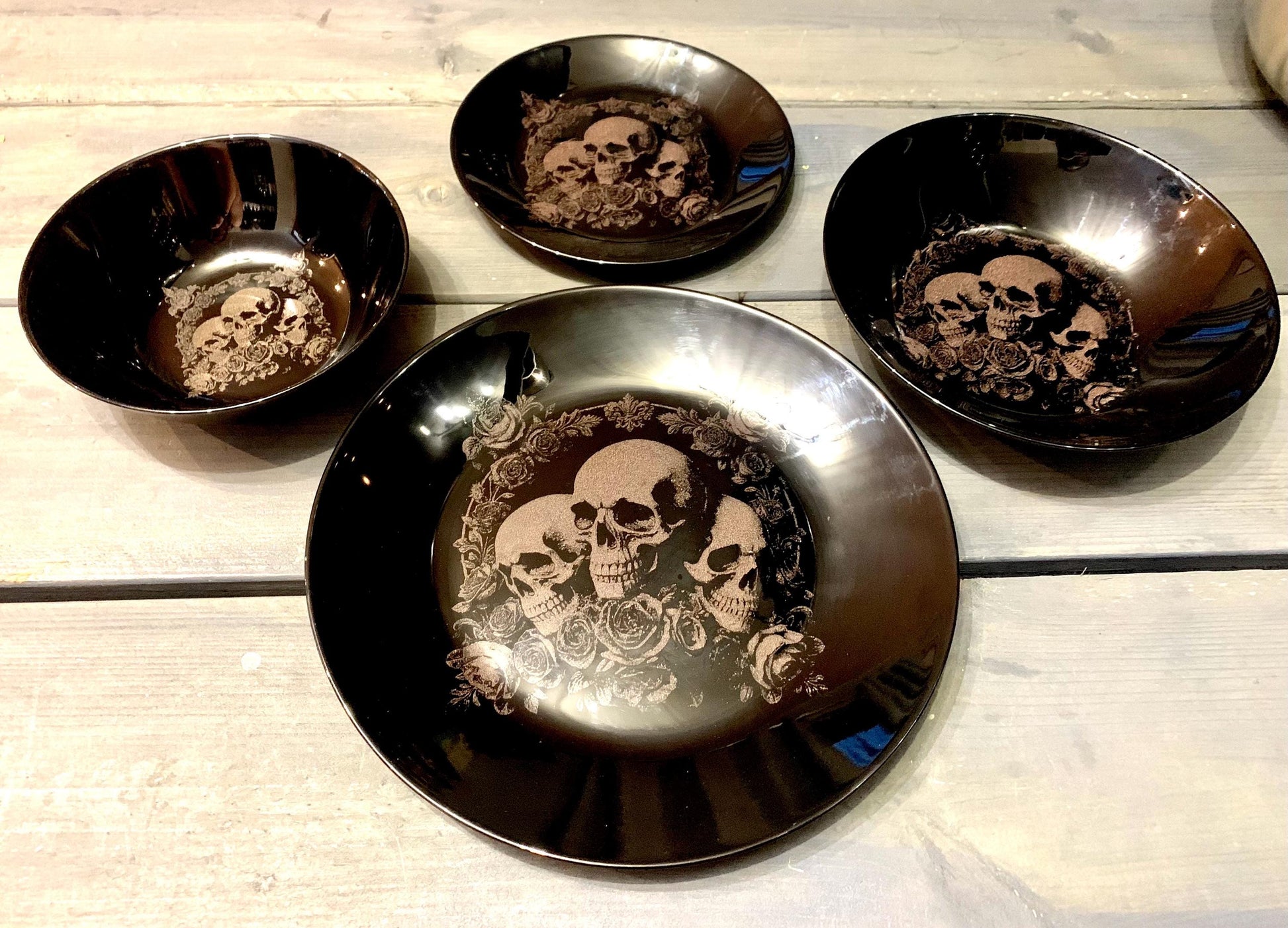 Deluxe SKULL & ROSE engraved BLACK, dinnerware, etched bowls, pasta, rock goth, table, side plate, dining, set, gothic, witch, tattoo ink