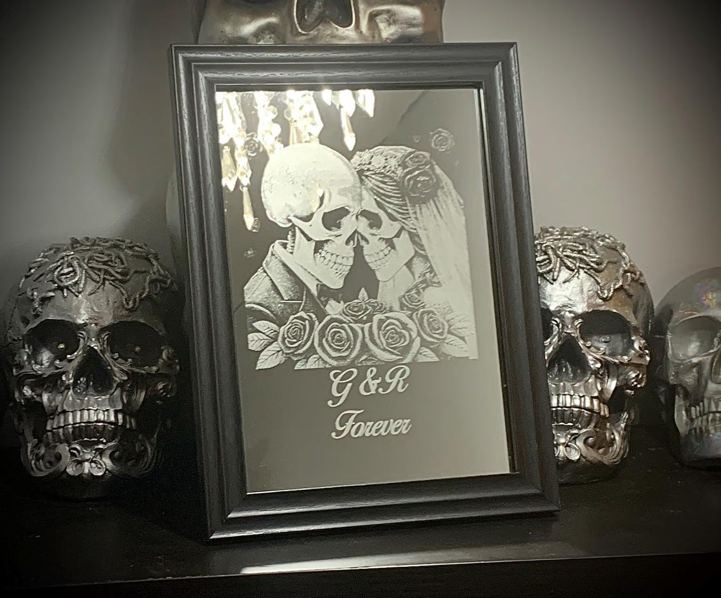Mr & Mrs Skull & Rose Framed Engraved mirror
