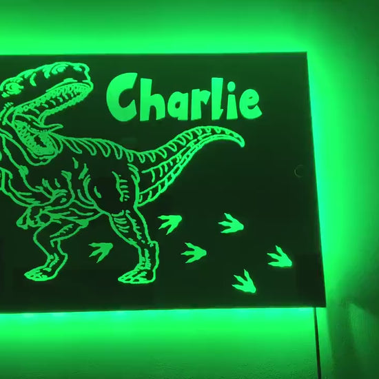 DINOSAUR LIGHT up MIRROR personalised engraved acrylic wall led sign. T-Rex, bedroom, nursery, playroom, name, boys, girls gift, green,