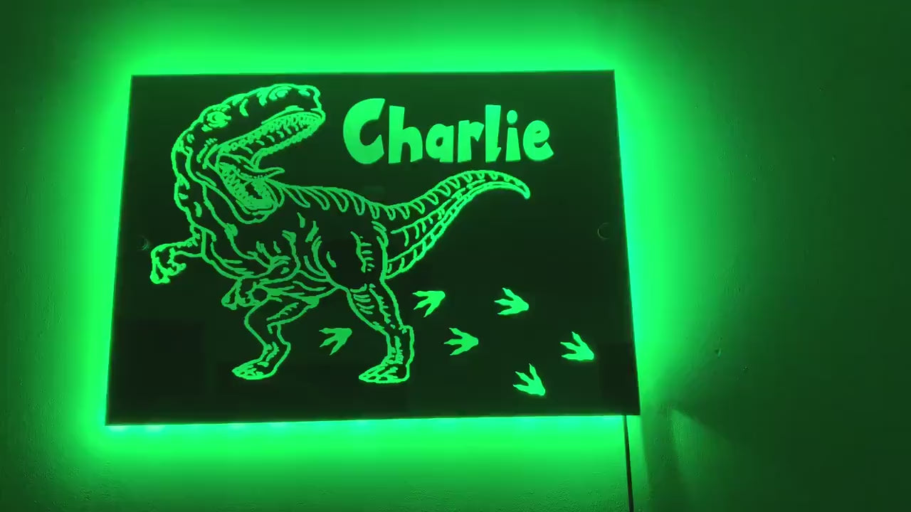 DINOSAUR LIGHT up MIRROR personalised engraved acrylic wall led sign. T-Rex, bedroom, nursery, playroom, name, boys, girls gift, green,