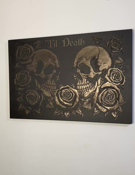 Til Death Skull & Rose Large Engraved Metal Wall Art
